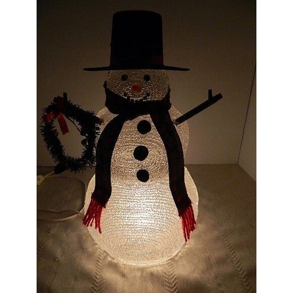 Vintage 13" Light Up Snowman w/Top Hat & Wreath Stick Arms & Scarf - Picture 8 of 12